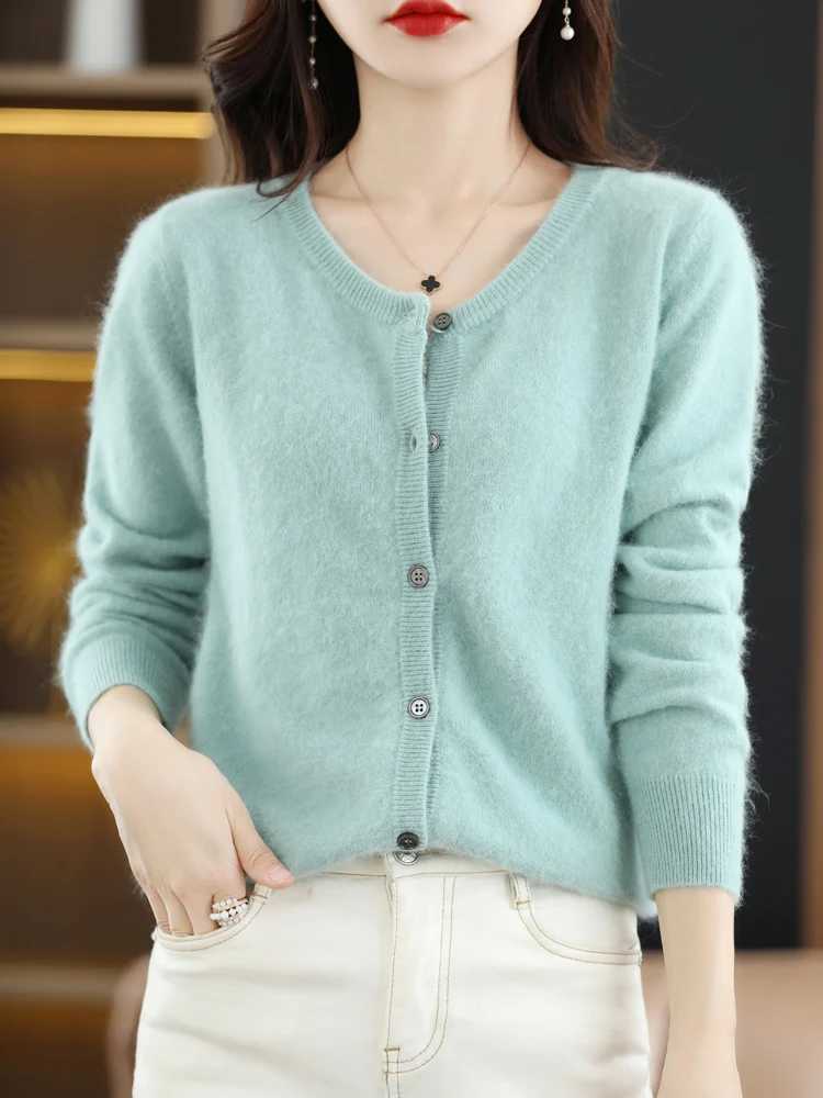 LHZSYY Women Cardigan Super Warm Pure Mink Cashmere Sweaters O-neck Loose Female Sweater Ladies Solid Color Knit Cardigans M260306
