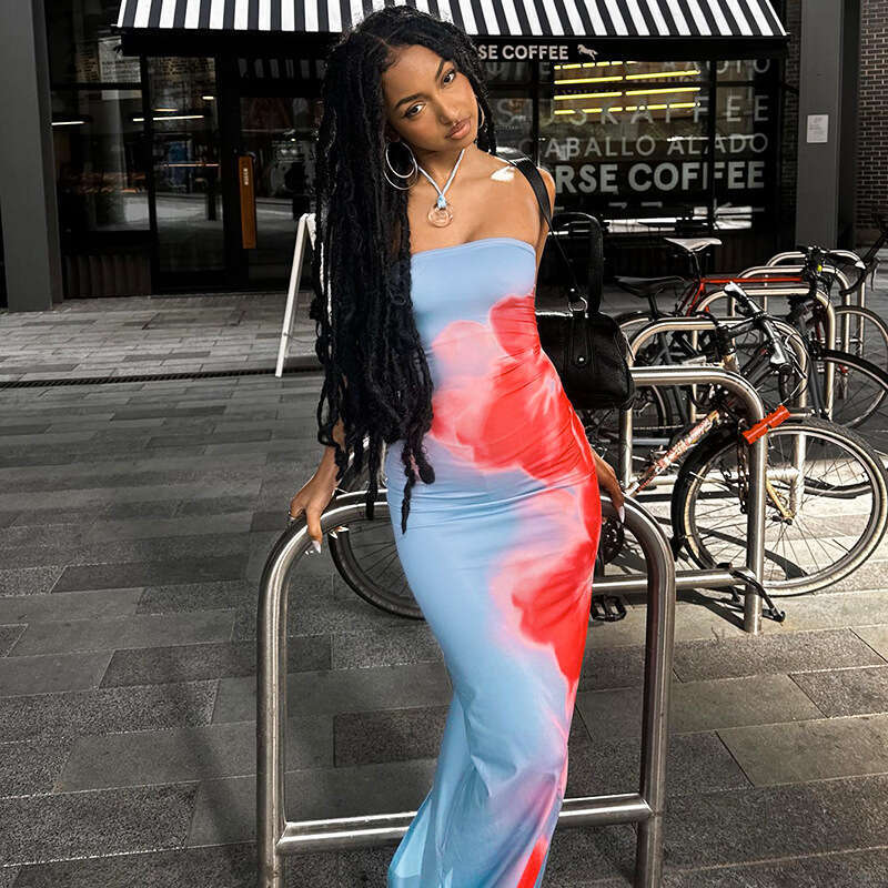 Cross-Border Women's Fashion European and American INS Sexy Style Slim Fit Printed Tube Top Split Bodycon Long Dress Factory Wholesale