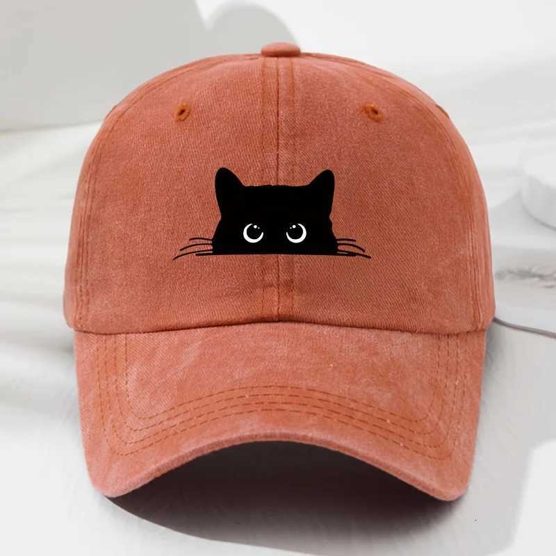 Cute cat print vintage washed baseball cap for men and women versatile casual curved brim hat S260306