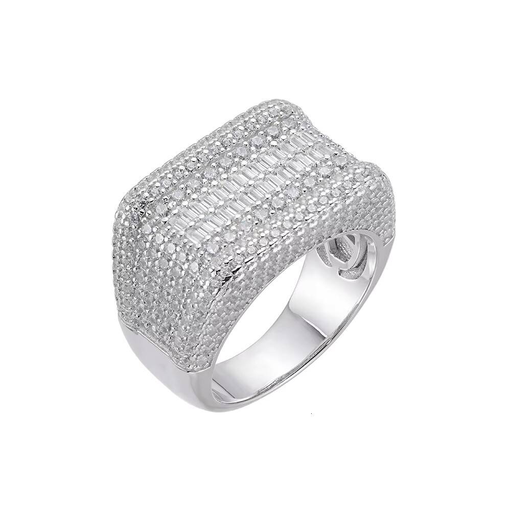 Hip Hop Fully Jewelry Iced Out Round Baguette VVS Moissanite Diamond 925 Sterling Silver Finger Square Ring for Mens