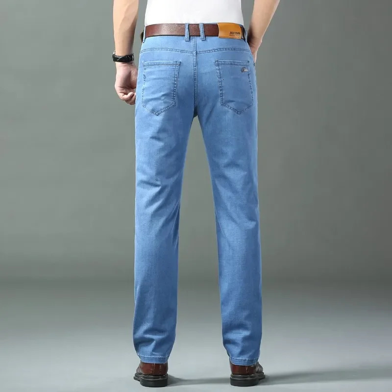 Ice Silk Thin Denim Jeans for Men Blue Straight Stretch Cotton Pant Business Casual Lightweight Trousers Spring Summer 260228