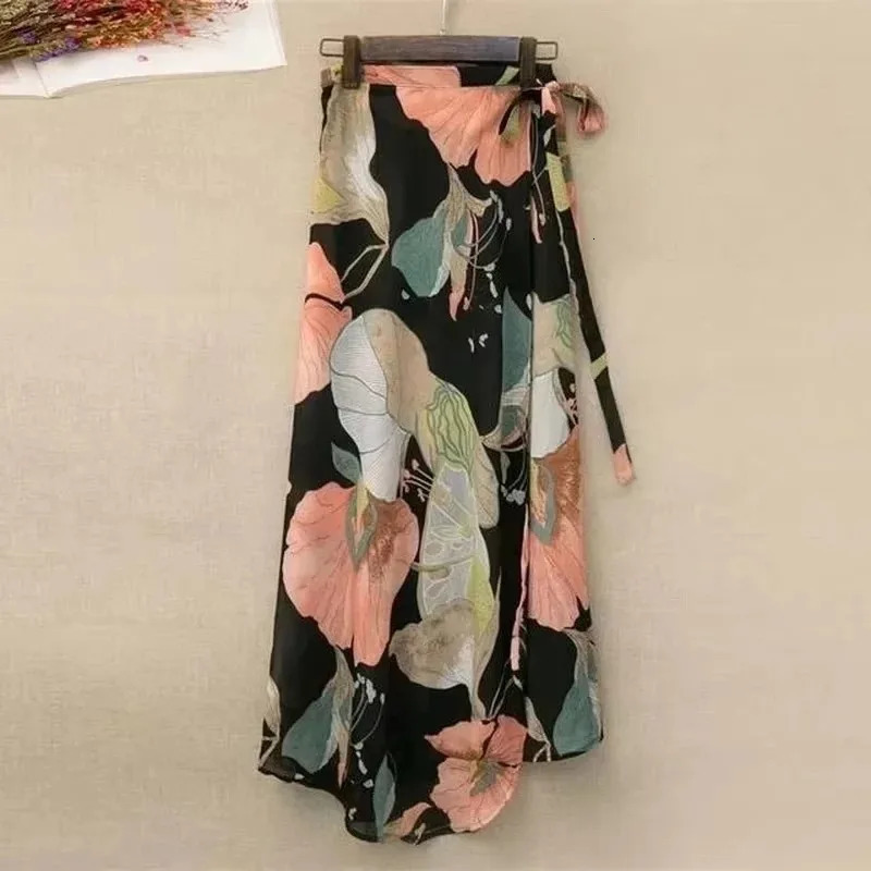 Summer Beach Floral Skirt for Women Cotton High Waist Wrap Maxi Skirt Long with Side Slit Tie Detail Boho Style 260306