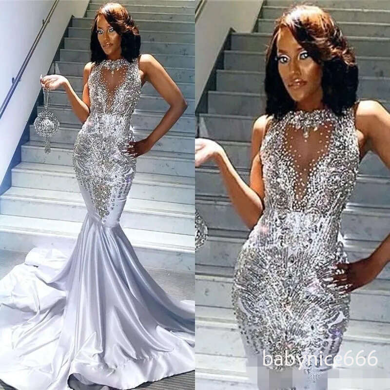Mermaid Style Prom Gowns Sheer Neck Silver Beaded Evening Dress - Sleeveless Sequins Special Occasion Gown with Sweep Train WM06