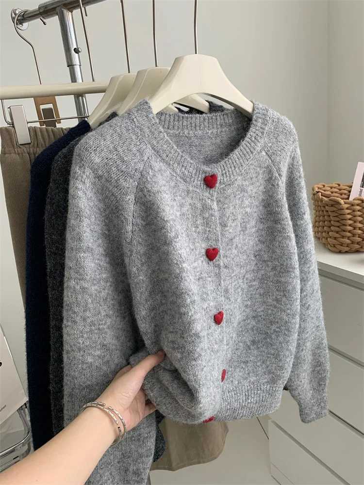 Deep Grey Wool Knitted Cardigan For Women 2026 Autumn Winter Soft And Sticky Warm Love Buckle Shoulder Sleeves M260306