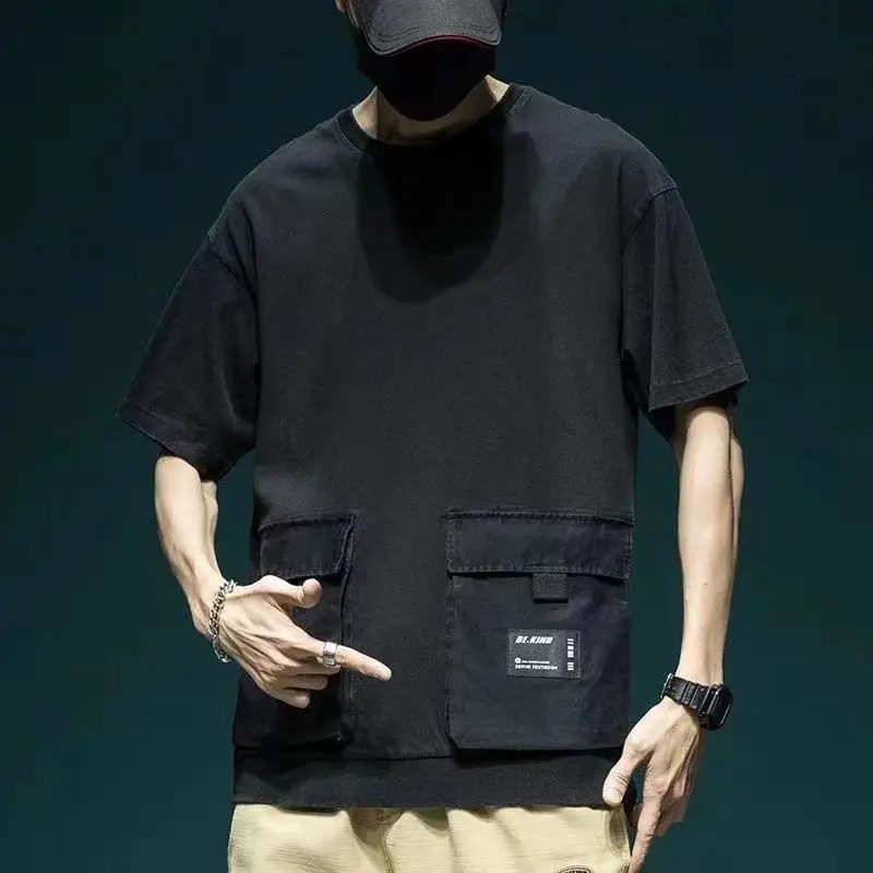 Men Cargo Short Sleeve Tshirt Cotton Round Collar Sports Pocket Running Tee High Street Dropped Shoulder Half TShirts 260302