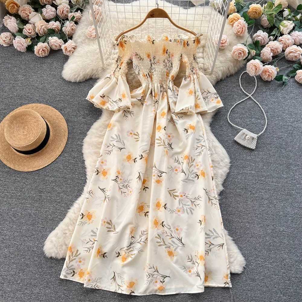 YuooMuoo Chic Fashion Floral Print Women Dress 2025 New Summer Y2K Off Shoulders Flare Sleeve Long Dress Vacation Beach Vestidos X260306