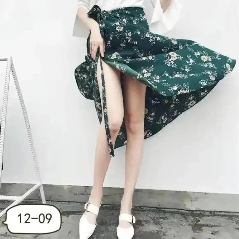 Summer Beach Floral Skirt for Women Cotton High Waist Wrap Maxi Skirt Long with Side Slit Tie Detail Boho Style 260306