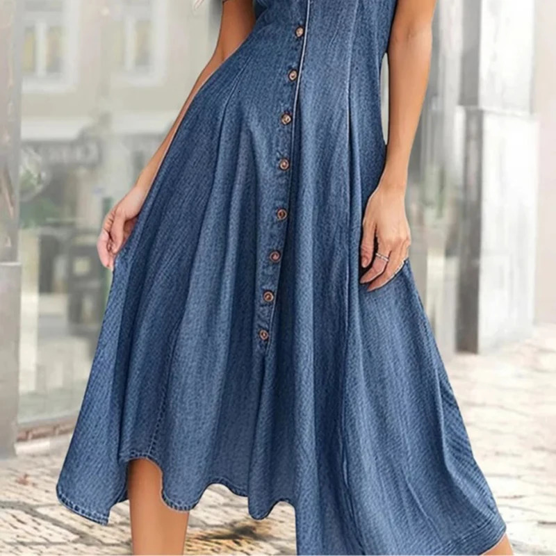 Solid Color Womens Casual Loose Denim Short Sleeved Long Slit Shirt Dress with Shoulder Sleeves and Button Up 260305