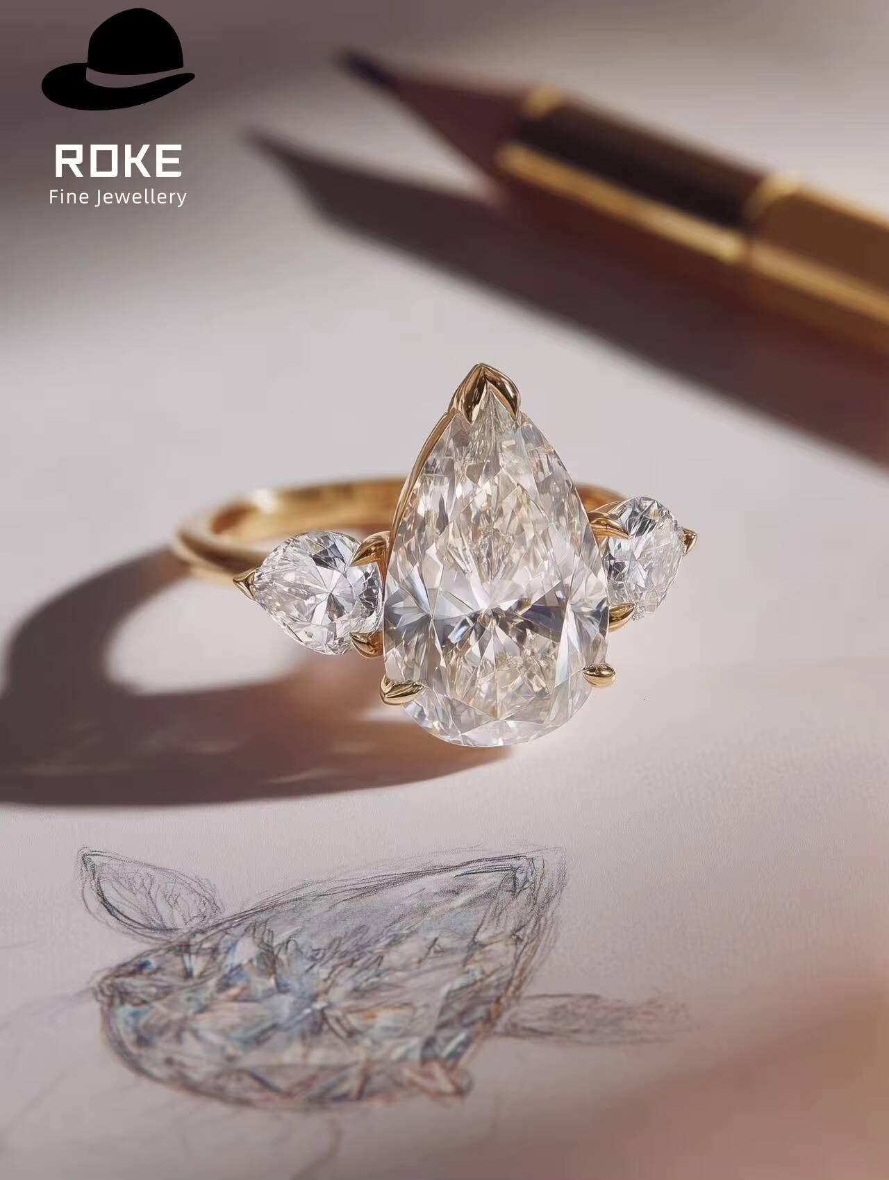 ROKE Custom 2ct Marquise 46mm Pear Lab Diamond Ring 9K/18K Gold/Platinum - Luxury Engagement Jewelry