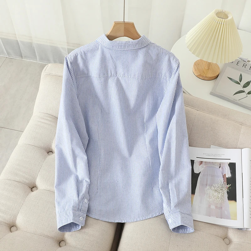Casual Cotton Womens Oxford Shirt Autumn Good Quality Woman Blouse and Tops Lady White Blue Striped Shirts Clothes 260306