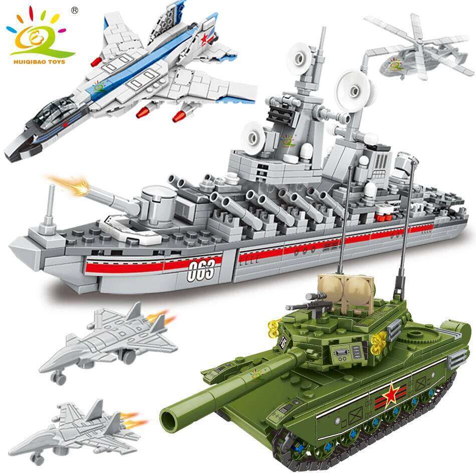 HUIQIBAO Military Ship Aircraft Cruiser Building Blocks Army Tank Truck Model Bricks City Construction Children Toy for Boy Gift Z260306