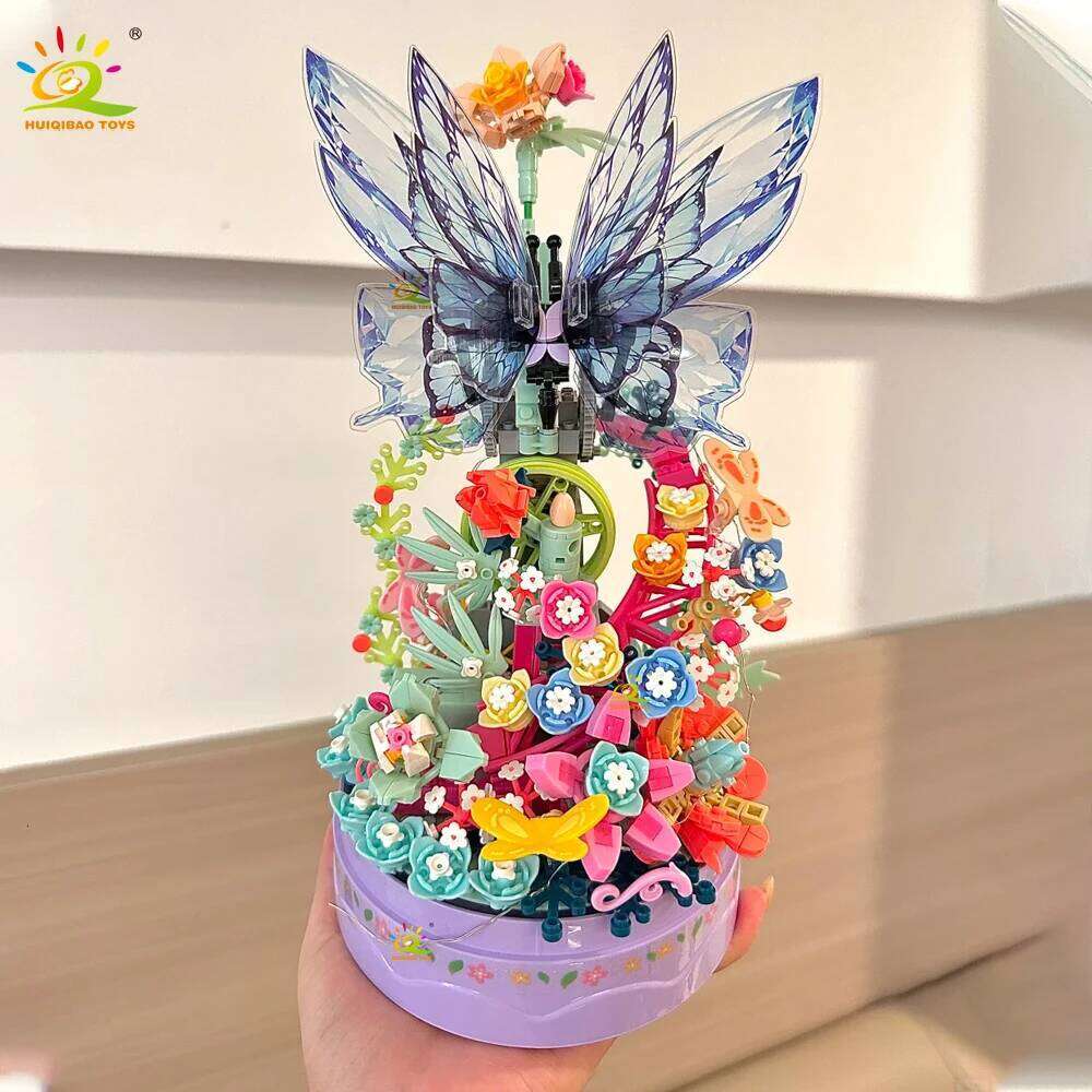 HUIQIBAO 630PCS MOC Butterfly Music box Model Building Block Flower Brick Construction Toy For Children Desk Home Decoration Z260306