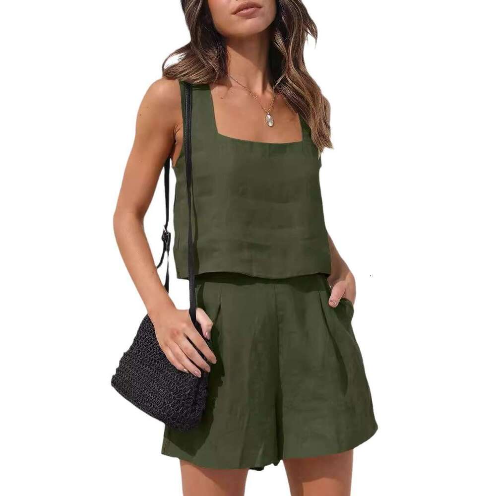 Amazon's new European American foreign trade women's 2-piece casual set includes linen shorts and a sleeveless top