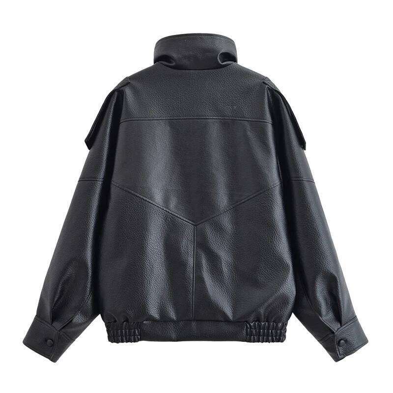 Women's Fall 2025 New Black Long Sleeve Pebble Faux Leather Jacket Motorcycle Style Personality Fashion