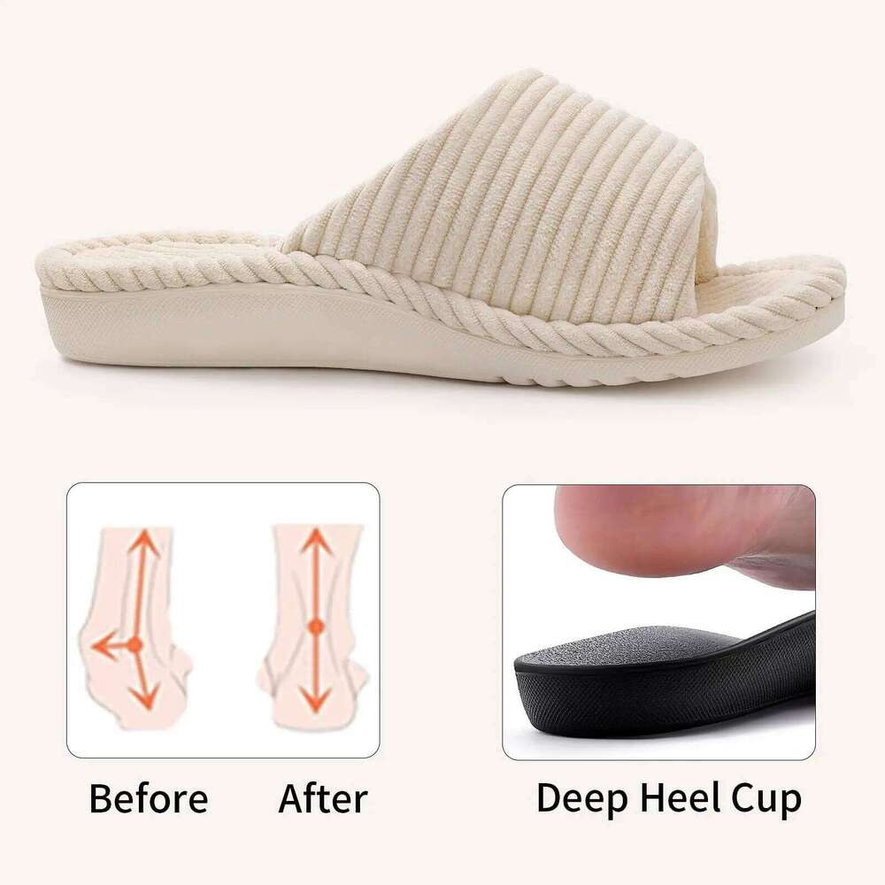 Litfun Orthopedic House for Women Adjustable Arch Support Indoor Slippers Open Toe Corduroy Bedroom Shoes