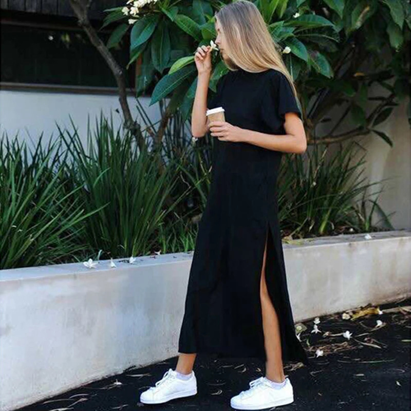 Summer Korean Style Midi Dress Women Casual Black Long Dresses Short Sleeve Sexy Plus Size Side Open Party Maxi T Shirt Dress 260306