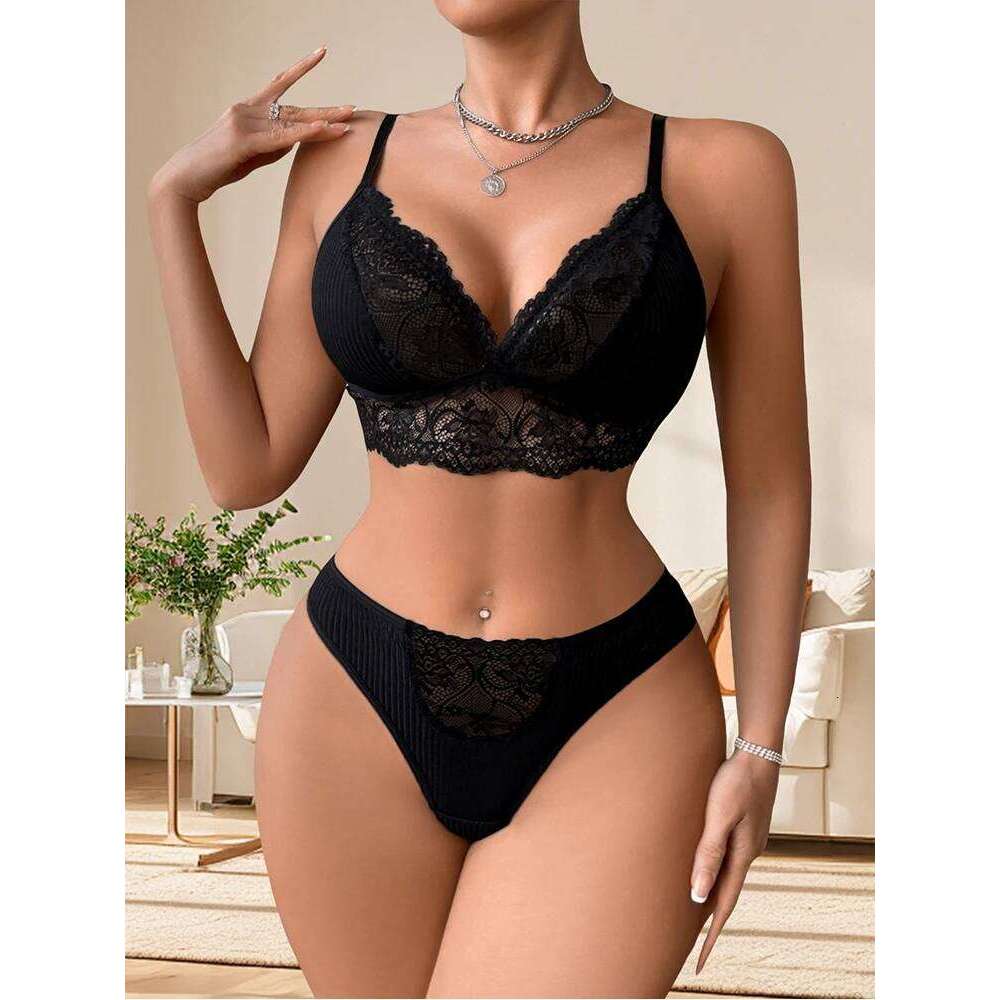 2pcs/Set Women's Underwear Set Lace Ribbed Panty Sets Breathable Floral Sexy Lingerie Outfit Wire-Free Padless Bras