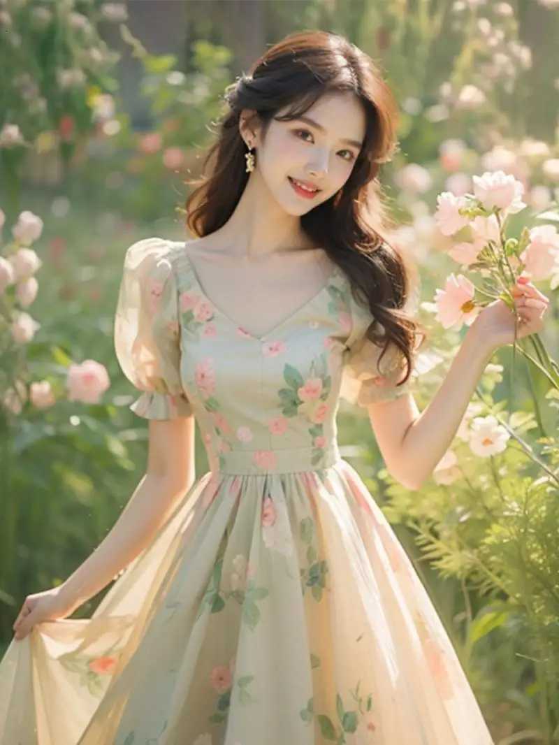 Beautiful Temperament Super Good-looking High-end Exquisite Waist-hugging Floral Puff Sleeve Dress for Women X260306