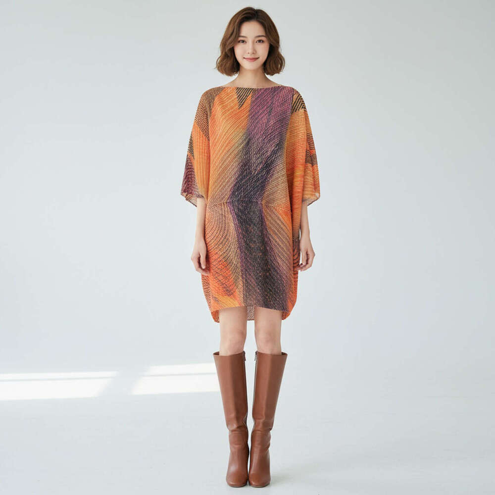 Miyake-style pleated printed for women, new summer model with off-the-shoulder neckline, bat Designer sleeves, loose fit, plus size, mid-length dress