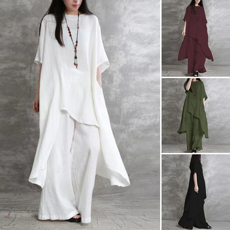 Women Cotton Linen Pant Sets 2 Pieces Casual Half Sleeve Solid Loose BlouseHigh Elastic Waist Wide Leg Full Trousers Suits 260305