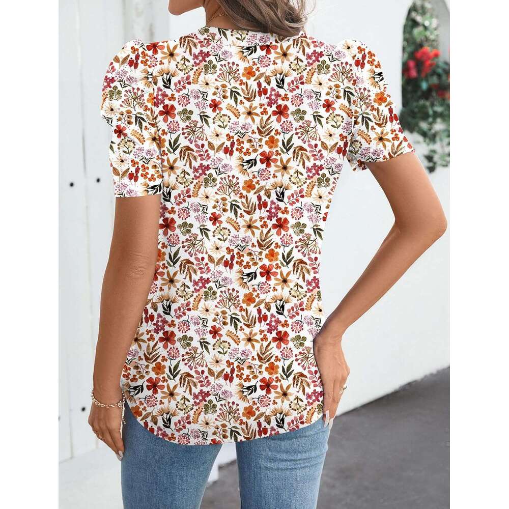 Women's Puff Short Sleeve Shirt V Neck Summer Tops Designer Casual Fashion T Shirts Loose Fit Blouses