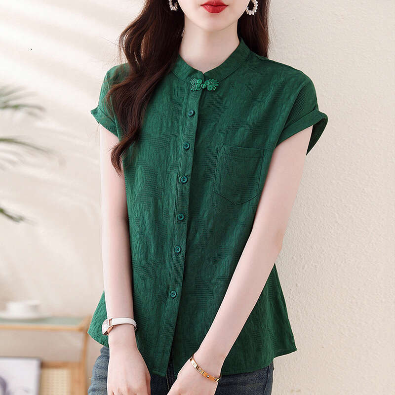 Women Solid Color Summer Chinese Style Retro Pure Cotton Short Sleeve Blouses Fashion Stand Collar Pocket Single-breasted Shirts New Chinese Style top