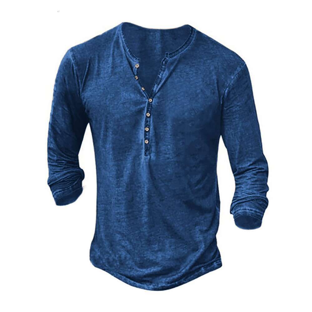 Cross-border European and American foreign trade retro button long-sleeve with 3D digital printing, men's solid color versatile T-shirt