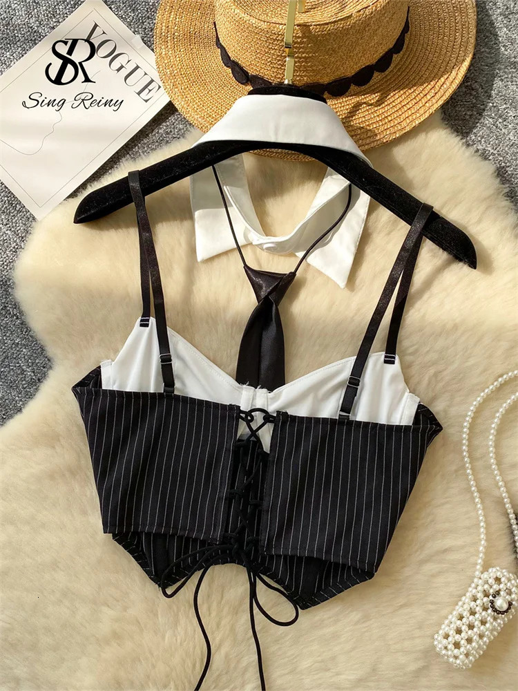 SINGREINY Club Sexy Camisole Female Lapel Neck Sleeveless Strap Backless sweet Top Streetwear Patchwork Striped Mini Tank Top 260306