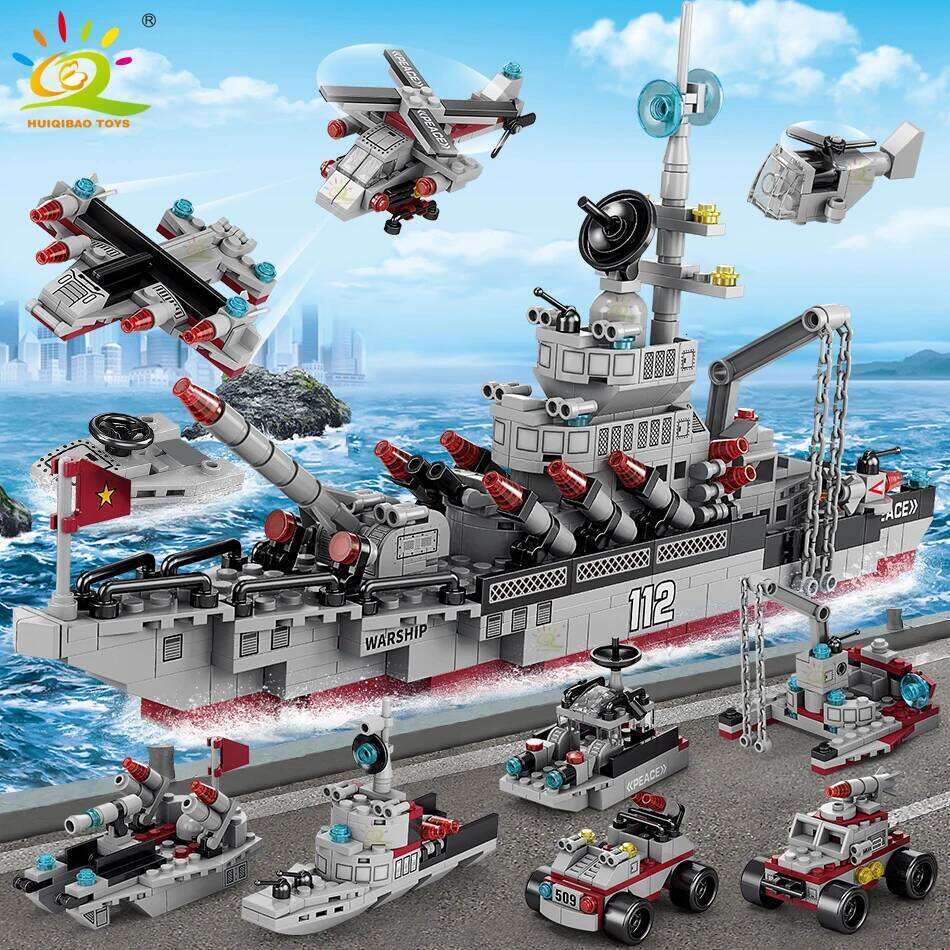 HUIQIBAO Military Ship 554pcs 8in1 Aircraft Cruiser Building Blocks Army Warship Plane Truck Bricks City Children Toys for Boy Z260306