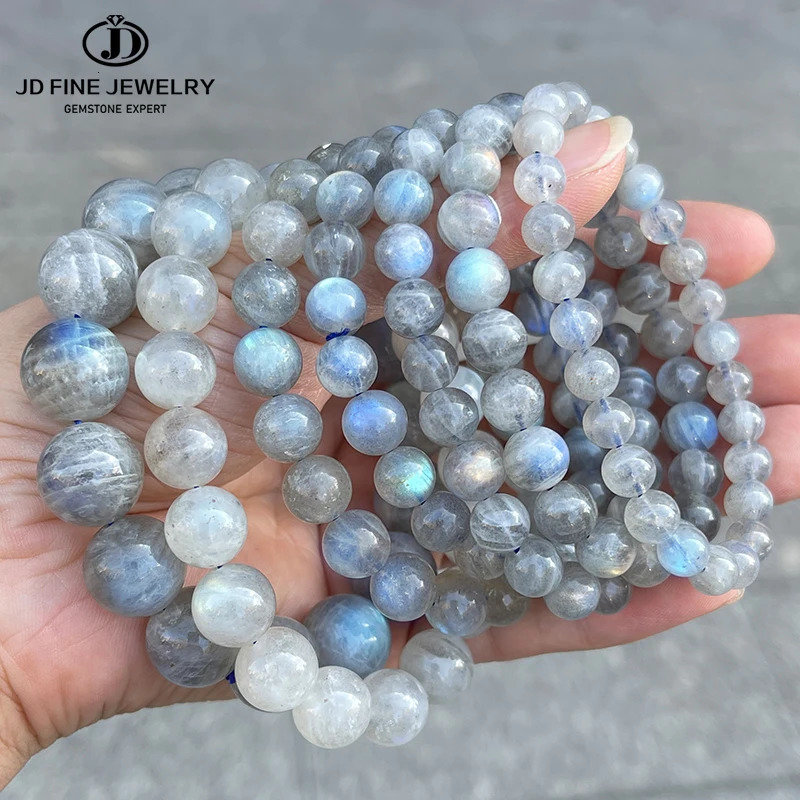 JD Natural Stone Grey Moonstone Labradorite Round Beads Bracelets Women Men Charm Energy Single Circle Stretch Bracelet Jewelry 260302