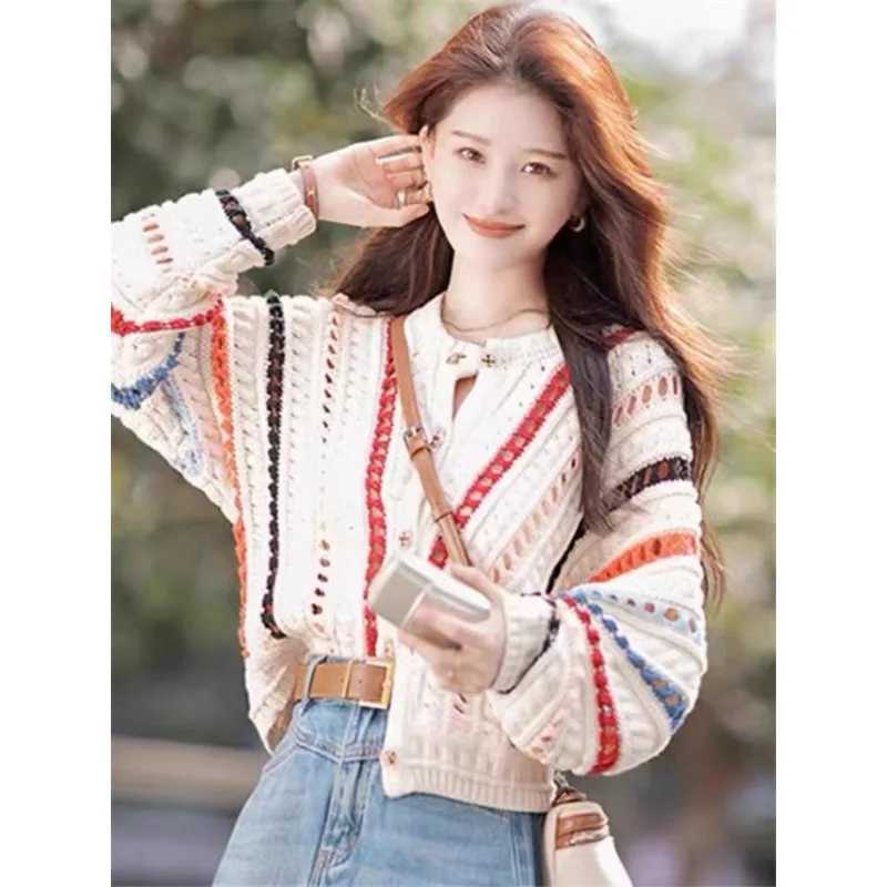 New Chic Rainbow Color Cardigan Women Sweater Autumn O Neck Knitted Coats Hollow Crochet Loose Long Sleeve Jacket Sweet Style M260306