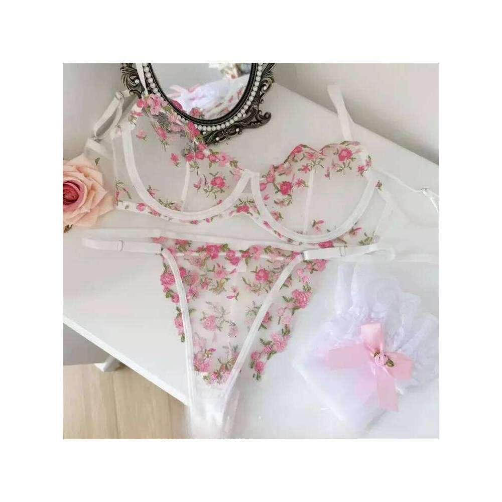 YUQI French Elegant Lingerie Set-Floral Embroidery Semi-Transparent Bra & Brief,Black Sensual Women's Underwear Luxury Intimates