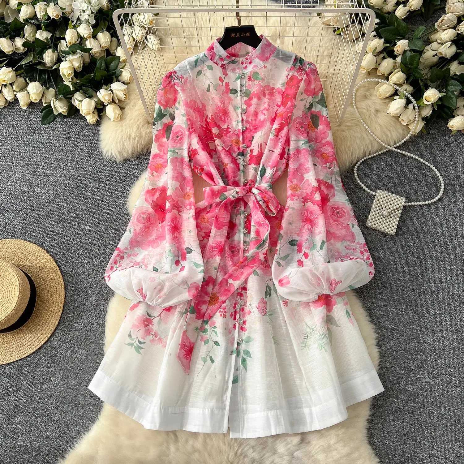 2025 Spring Holiday Gorgeous Flower Organza Dress Women Lantern Long Sleeve Beaded Button Floral Print Belt Lace Up Boho Vestido X260306