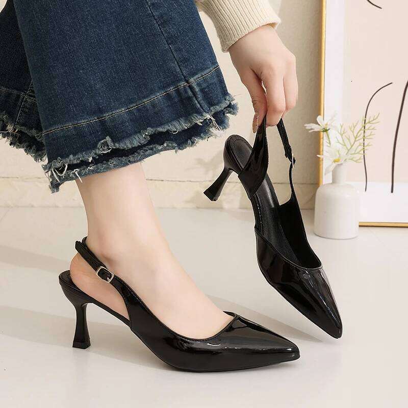 Women Summer Pointed Toe Slingback Heels, Patent Leather Pumps with Adjustable Buckle, Classic Dress Shoes for Party and Office