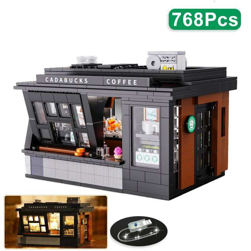 City 768Pcs Coffee Shop House With Led Lights Model Building Blocks Street View Cafe Store Assemble Bricks Toys Kids Adult Gift Z260306
