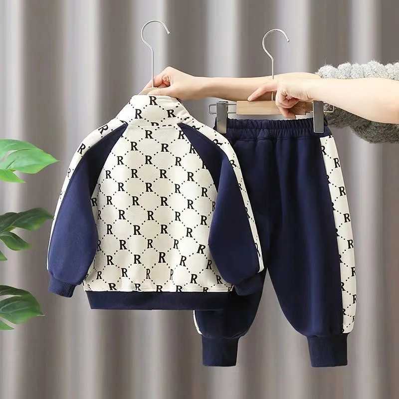 Kids Tracksuits 2Pcs, 2-10Y Boys R Letter Patchwork Cotton Jacket & Pants Set, Spring Autumn Casual Sports OutfitsT260306