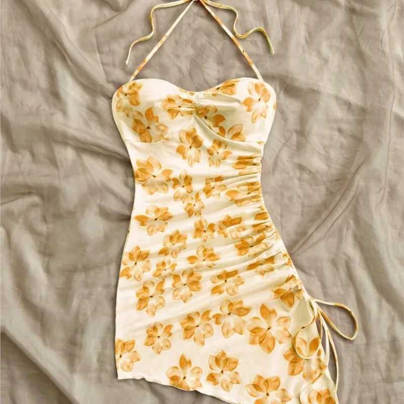 New Sexy Vacation Printed Mini Dress Women 2026 Summer Fashion Elegant Party Halter Neck Drawstring Sleeveless Irregular Dresses X260306