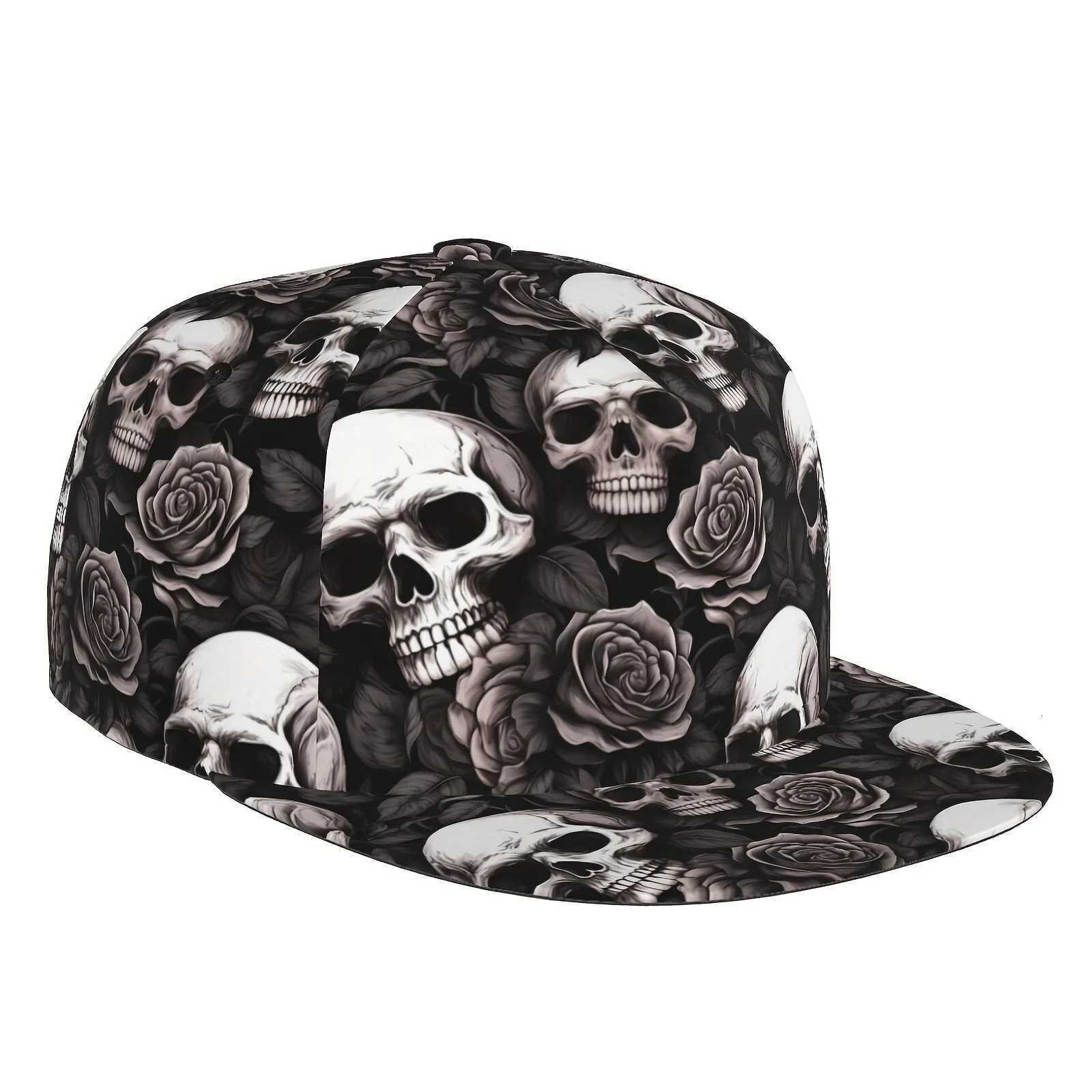 Cool Hippie Flat Brim Baseball Cap Gothic Skull Rose Print Punk Snapback Hat For Casual Leisure Outdoor Dance Skate Boarding S260306