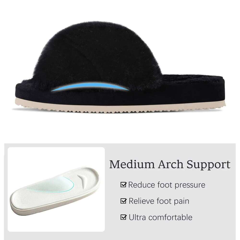 Litfun Winter Fuzzy House For Fluffy Fur Warm Thick Bottom Slides Cross Band Plush Lining Women Slippers