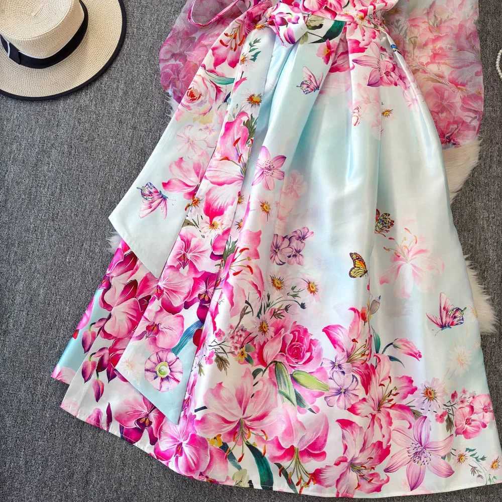 European Fashion Printed Dress Woman 2026 New Slim Waist Lantern Sleeve Temperament Big Swing Robes Gauze Splicing Vestidos X260306