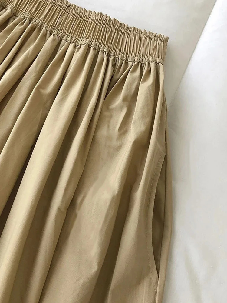 Women White Long Skirt Fashion Pockets Pleated Knee Length Skirts Autumn Casual Elegant High Waist A Line Femme Skirts 260306