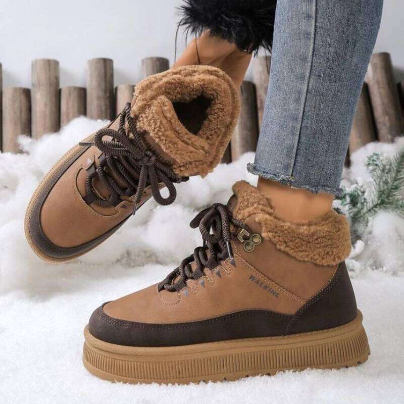 2025 New Thick Bottom Women's Plush Lace Warm Outdoor Non slip Casual Shoes