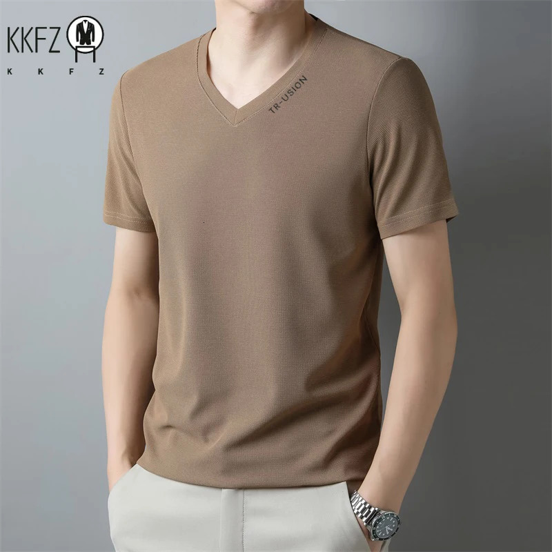 Mens Casual and Fashionable Vneck Solid Color Short Sleeved Tshirt Breathable Comfortable Summer Versatile Top 260302