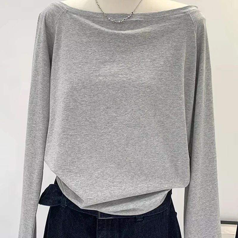 Autumn Winter One Shoulder Cotton Long Sleeve Slant Shoulder Womens Clothing Style Interior Wide Truffle Shoulder Base Shirt 260306