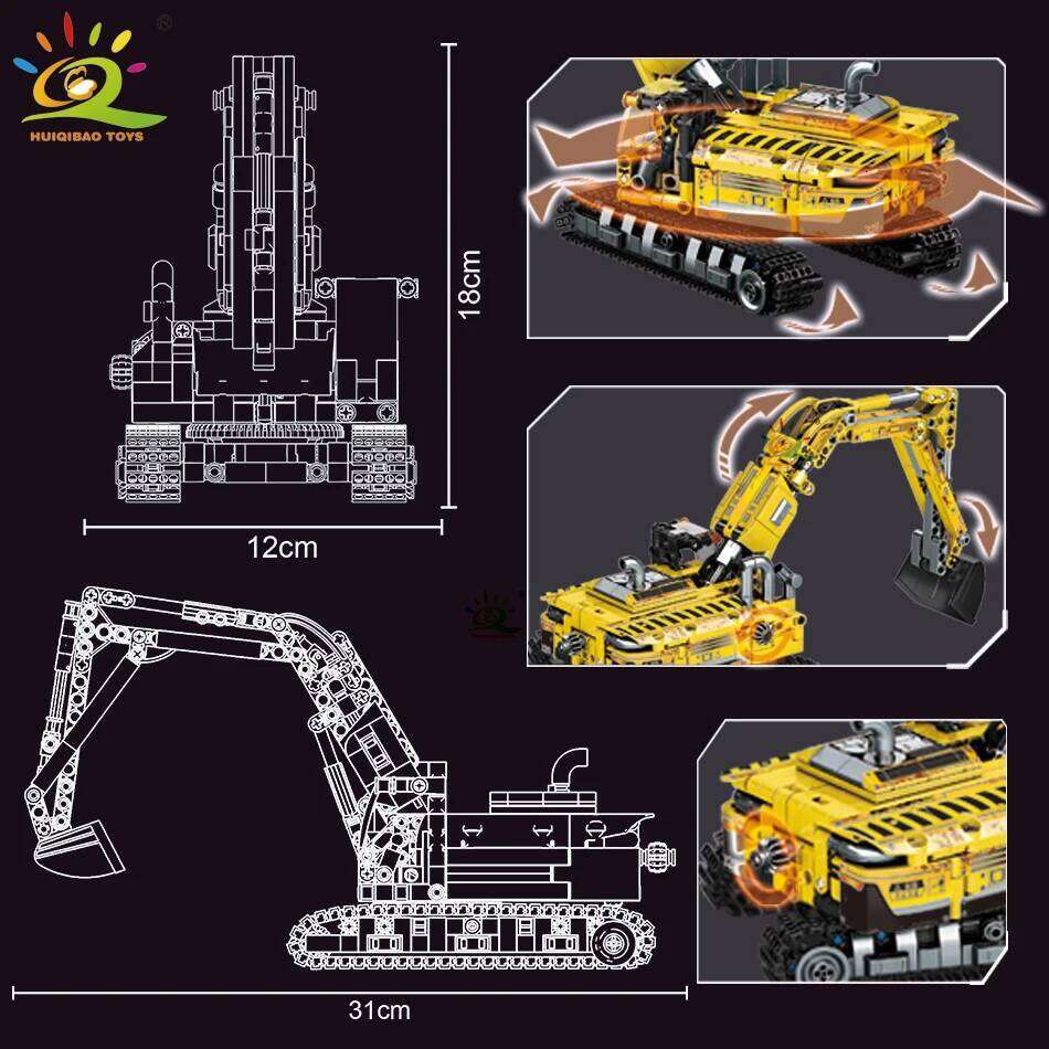 HUIQIBAO Moc Engineering Truck model Building Block Excavator Crane Car City Construction Tech Brick Set For Children Kids Gift Z260305