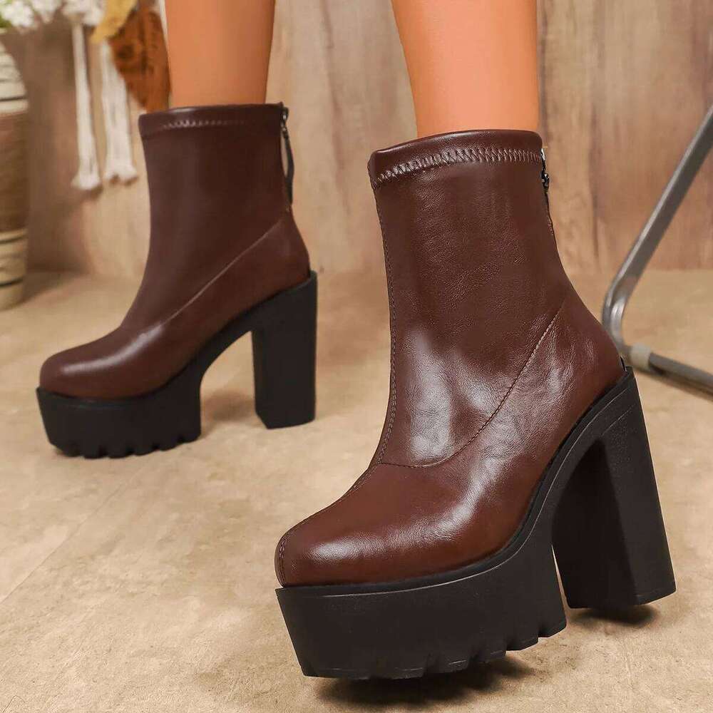 Womens Thick Sole Wide Heel Designer Fashion Platform Ladies High Quality Luxury Women Leather Boots Shoes