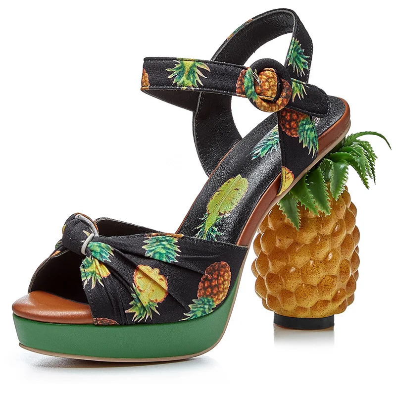 Summer Pink Pineapple Print Open-toe Platform Sandals Sweet Women High-heel Buckle Strappy Women Shoes Lovely Sandalias Mujer 260306