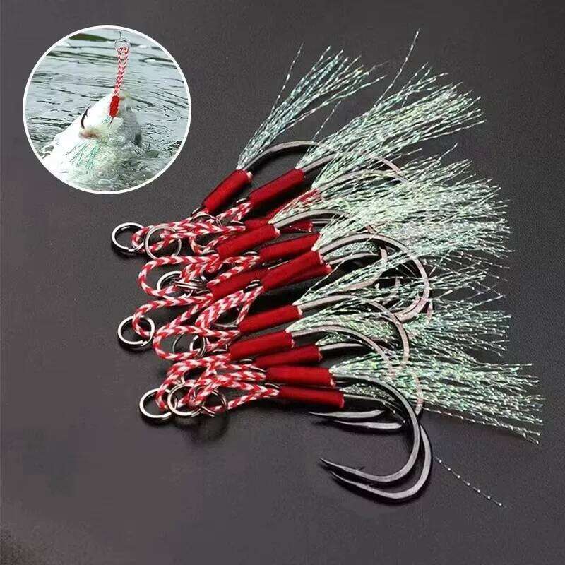10/20/30Pcs Assist Hooks Single Jig Fishhook With Thread Feather Luminous Barbed Sea Hook For Fishing Lure Y260305