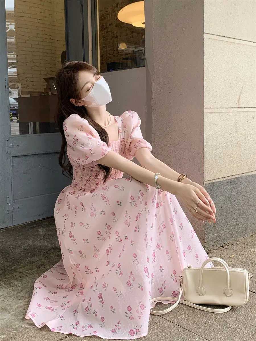Gentle Floral Square Collar Female Temperament Waist-hugging A-line Puff Sleeve Dress X260306