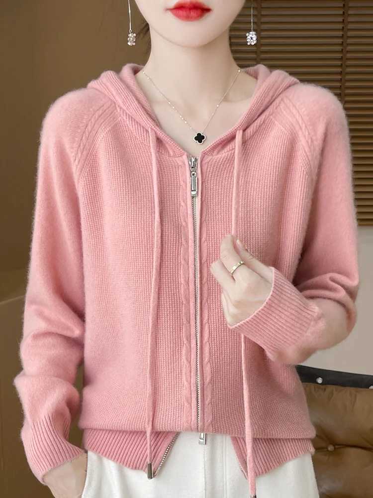 Autumn Winter 100 Merino Wool Sweater Cardigan Womens Hooded Zippers Raglan Sleeve Cashmere Knitwear Casual Chic Clothing Tops M260306